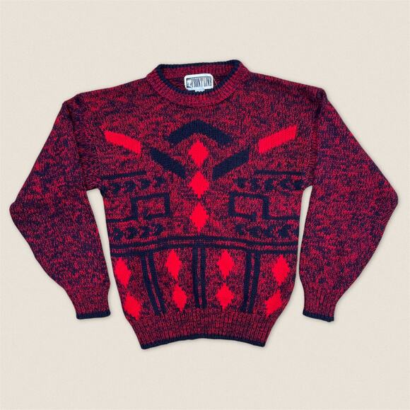 Vintage 90s Red Black Diamond Grandpa Sweater Front Line - Size Medium - Picture 1 of 4